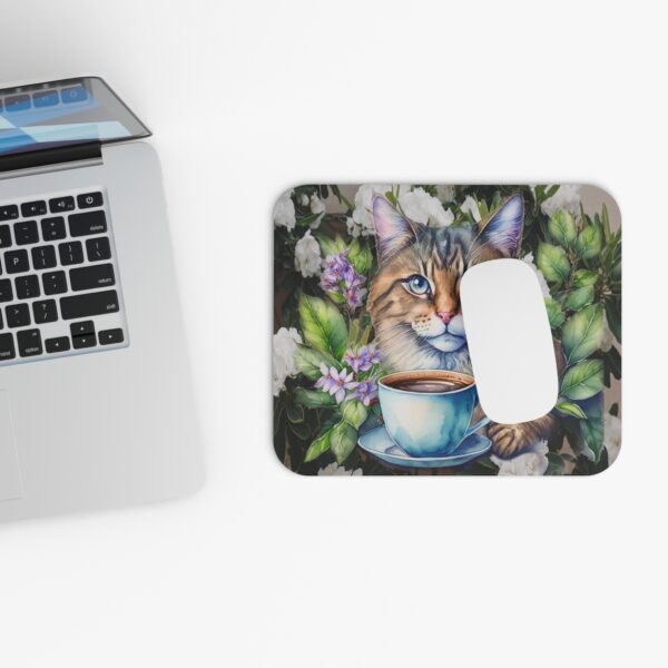 Whimsical Cat Coffee Mouse Pad with Floral Design - Image 4